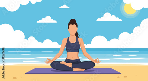 Adobe illustrator artwork vector illustration of a woman meditating in lotus pose on a yoga mat at a serene summer beach with ocean waves and a bright sun. Ideal for coastal wellness themes.