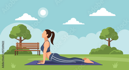 Adobe illustrator artwork vector illustration of a woman gracefully practicing yoga in a serene summer park, holding a tree pose. Ideal for wellness and outdoor activity themes.