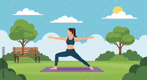 Adobe illustrator artwork vector illustration of a woman gracefully practicing yoga in a serene summer park, holding a tree pose. Ideal for wellness and outdoor activity themes.