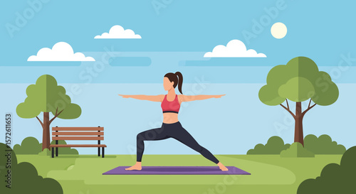 Adobe illustrator artwork vector illustration of a woman gracefully practicing yoga in a serene summer park, holding a tree pose. Ideal for wellness and outdoor activity themes.