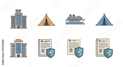Travel and Vacation Icons Set: Hotel, Tent, Cruise Ship, Insurance