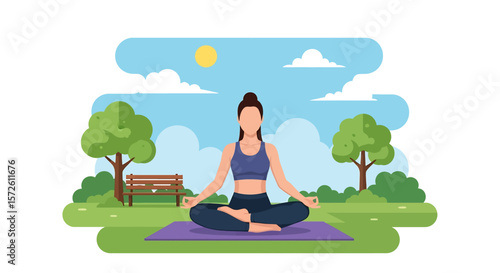 Adobe illustrator artwork vector illustration of a woman gracefully practicing yoga in a serene summer park, holding a tree pose. Ideal for wellness and outdoor activity themes.