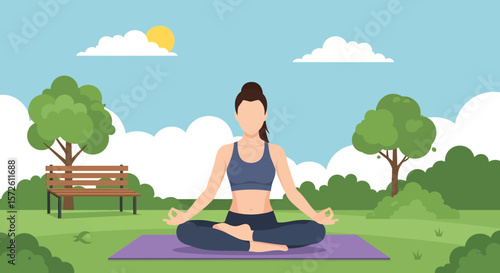 Adobe illustrator artwork vector illustration of a woman gracefully practicing yoga in a serene summer park, holding a tree pose. Ideal for wellness and outdoor activity themes.