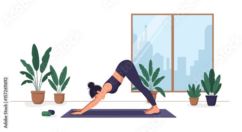 Adobe illustrator artwork vector illustration of a woman gracefully practicing yoga at home in a tree pose, surrounded by plants and a large window. Ideal for wellness and home fitness.