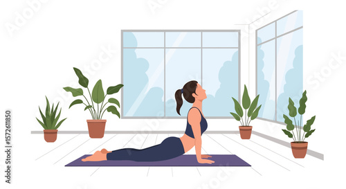 Adobe illustrator artwork vector illustration of a woman gracefully practicing yoga at home in a tree pose, surrounded by plants and a large window. Ideal for wellness and home fitness.