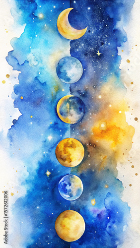 Watercolor Celestial Moon Phases – Mystical Vertical Art