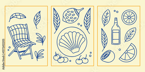 Set of Summer vector cards. Vintage style beach and La Dolce Vita food elements. Hand drawn line art posters for vacation, print, social media, decor.