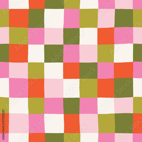 Playful Checkered Pattern In Multicolor. Artistic Colorful Grid Texture. Hand-Drawn Squares Seamless Texture