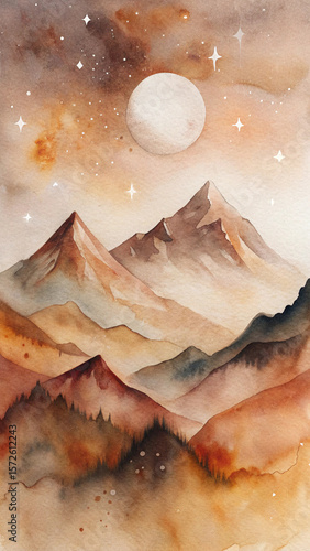 Watercolor Boho Mountain Landscape – Earth Tone Vertical Wall Art