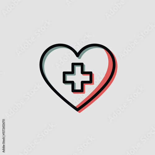Minimalist Heart Icon Illustration Featuring a White Medical Cross Centered Inside a Red and Teal Heart Shape Against a Light Gray Background