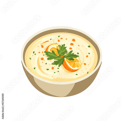 My Simple flat 2D illustration of a baba Ganoush dip in bowl isolated on a white background, vector 2D design, icon, flat 2d illustration art, Eps painting, Vector set