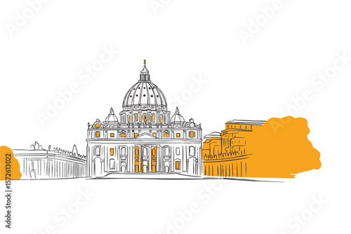 Minimal line art of St. Peter’s Basilica in Rome, Italy with bold accents