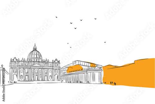 Minimal line art of St. Peter’s Basilica in Rome, Italy with bold accents