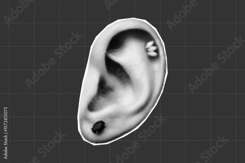 Pop art halftone paper element, cutout collage style. Bright podcast-themed icon, broadcasting, retro sticker for online content and music blogs, ear.