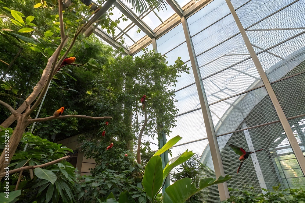 Obraz premium Vibrant tropical birds perched and flying within a lush greenhouse aviary