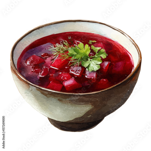 Borscht, watercolor painting, vector illustration, isolated on a white background.