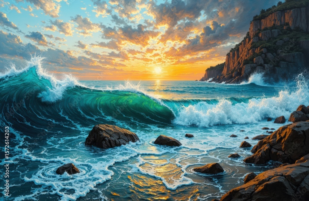 Obraz premium Sunset over rocky coastline with crashing waves and vibrant sky