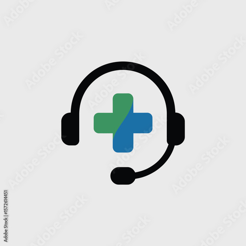 Minimalist Icon depicting a Black Headset with a Bicolor Green and Blue Medical Cross Symbol inside a Circular Design on a Light Gray Background