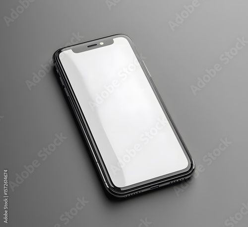 Sleek smartphone with blank screen on gray surface, angled persp