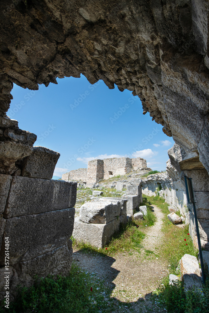 Fototapeta premium Miletus ancient city. Miletus was an ancient Greek city located in Ancient Caria. Its ruins are located near Balat in Aydın Province. View of the Old Amphitheatre in the Ancient City of Miletus.