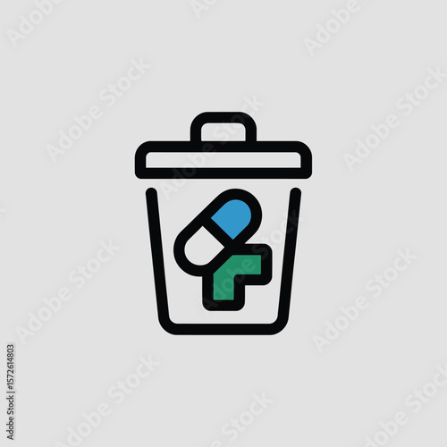 Minimalist Icon Depicting a Black Line Drawing of a Trash Can Containing a Blue and White Capsule and a Green Cross Symbol on a Light Gray Background