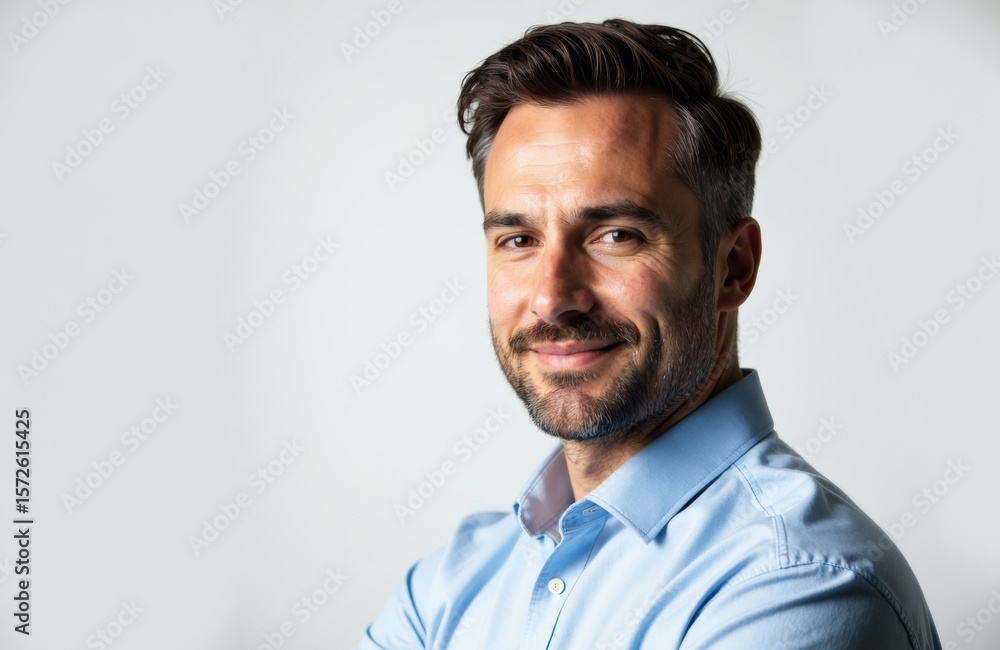Fototapeta premium Confident man with dark hair and beard smiling in a light blue shirt
