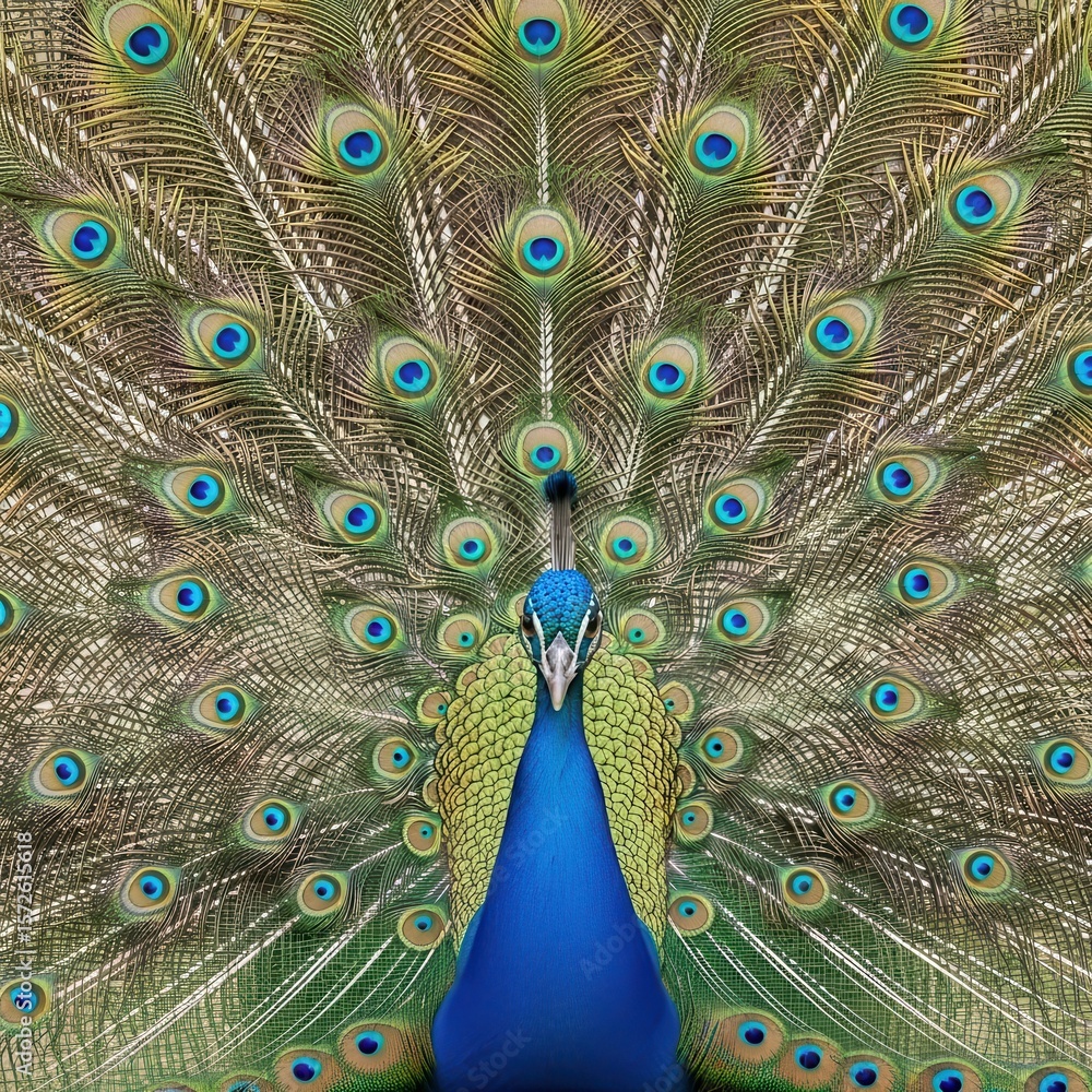 Obraz premium Close-up of Vibrant Blue Peacock with Fanned Tail Feathers Displaying Eye-Spots