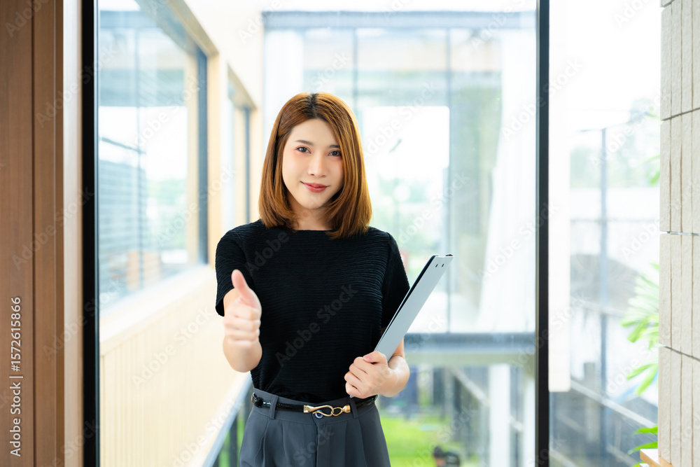 Asian businesswoman in a modern office gives a thumbs-up while holding a clipboard. A confident portrait symbolizing professional success Asian businesswoman in a modern office gives a thumbs-up while holding a clipboard. A confident portrait symbolizing professional success