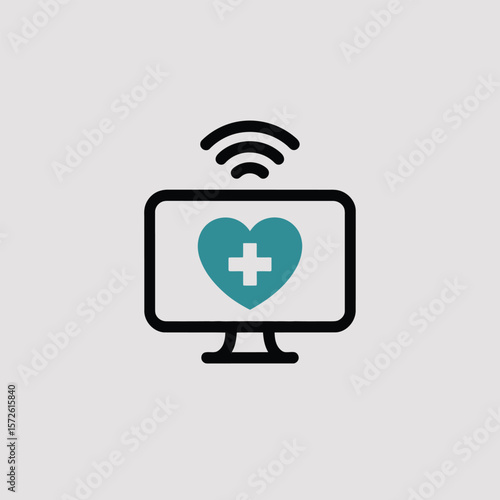 Minimalist Icon depicting a computer monitor displaying a blue and green heart with a white cross inside connected to a wifi signal indicating telehealth or online medical services
