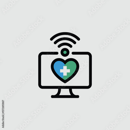 Minimalist Icon depicting a computer monitor displaying a teal and blue heart with a white cross inside connected to a wifi signal indicating telehealth or online healthcare