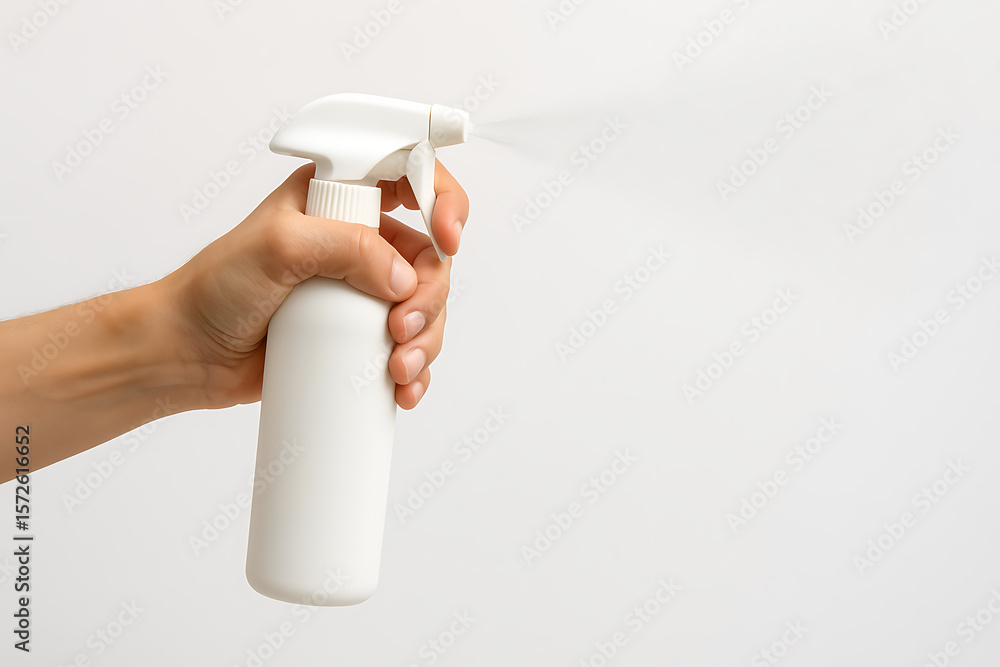 Fototapeta premium Hand Spraying White Plastic Spray Bottle with Mist