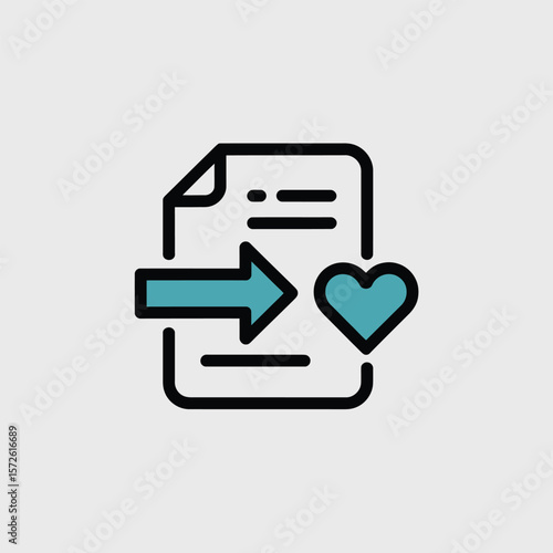 Minimalist Icon depicting a document with a blue arrow pointing right and a teal heart indicating data transfer or sharing of sensitive information possibly medical records