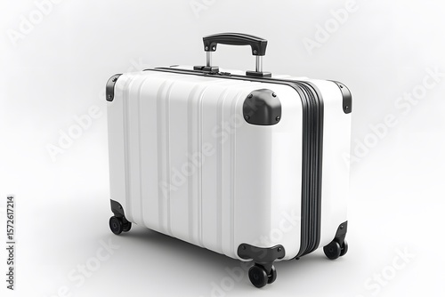 Sleek white suitcase with black accents, standing on a bright wh