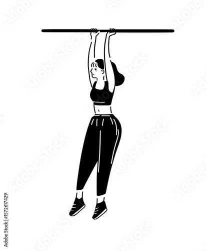 A woman performing a dead hang exercise on a pull-up bar. Minimalist line art for calisthenics and bodyweight training concepts.