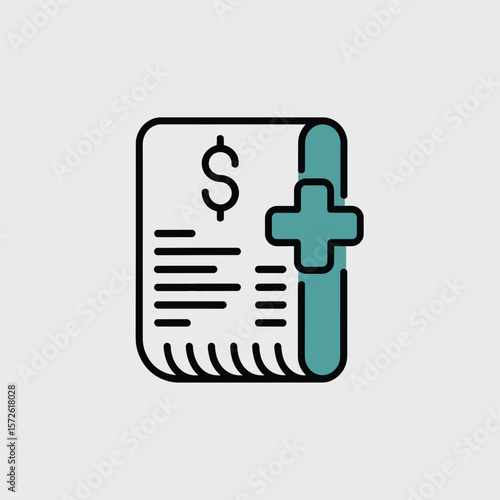 Minimalist Icon Depicting a Medical Bill or Invoice Featuring a White Document with Black Outlines a Dollar Sign and a Blue Plus Symbol on a Seafoam Green Background Against a