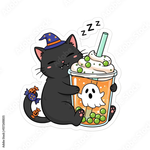 Cartoon black cat wearing a witch hat, sleeping next to a Halloween-themed bubble tea.
