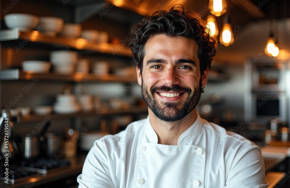 Fototapeta premium Chef smiling in a modern kitchen with warm lighting and shelves of dishes behind him