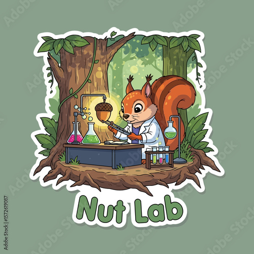A scientist squirrel conducts experiments in a whimsical forest lab, surrounded by bubbling potions and acorns.
