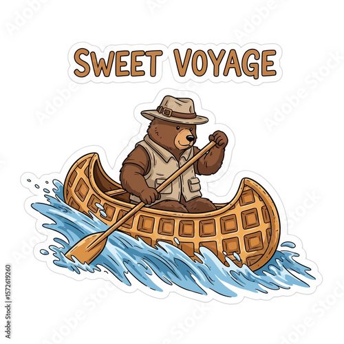 Cartoon bear wearing a hat and vest paddling a waffle canoe through blue waves, with text "SWEET VOYAGE" above.