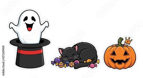 Halloween themed cartoon illustration with a ghost in a hat, a black cat with candy, and a pumpkin.