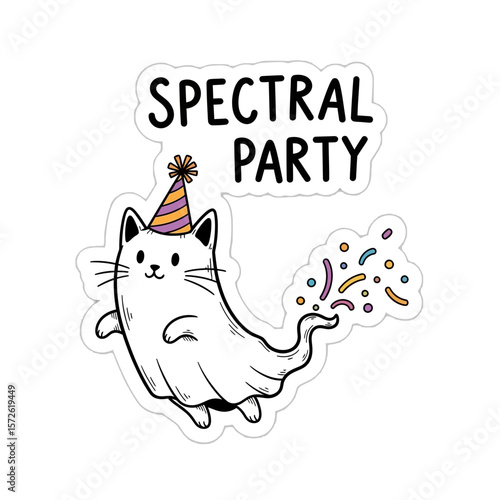 Cute cartoon cat ghost wearing a party hat, releasing confetti, for a spectral party sticker.