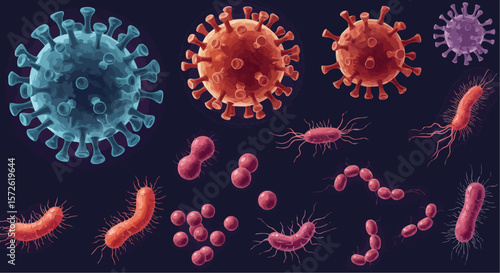 Virus and bacteria illustration – microscopic view of pathogens and infectious cells.