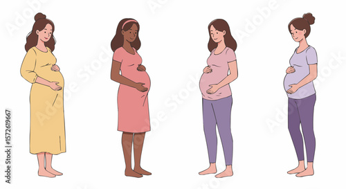 Two diverse pregnant women – motherhood and expecting diversity illustration.