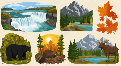 Nature landscape set – scenic mountains, forests, lakes, and waterfalls.
