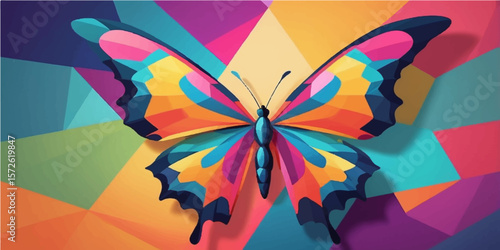 An abstract, colorful butterfly in flight with vibrant wings against a black background, showcasing the insect's beauty and the essence of summer