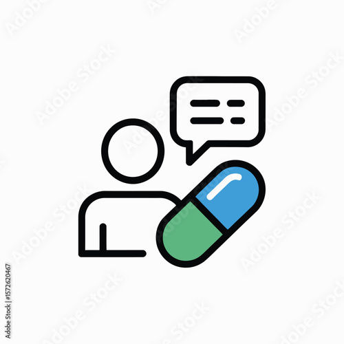 Minimalist Icon depicting a person a blue and green capsule and a speech bubble with lines suggesting a conversation or medical consultation