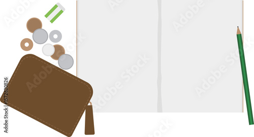 ノートと財布とお金と鉛筆と消しゴムのイラストの背景素材