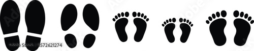 Family footprints: adult shoe prints, child footprints, baby footprints, minimalist black silhouettes.