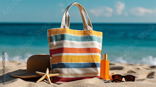 Wallpaper Mural Colorful Tote Bag, Sunglasses, and Sunscreen on Sandy Shore Torontodigital.ca