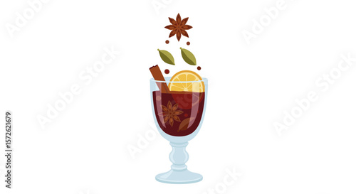 Festive Mulled Wine Glass with Floating Citrus and Spices, Flat Illustration